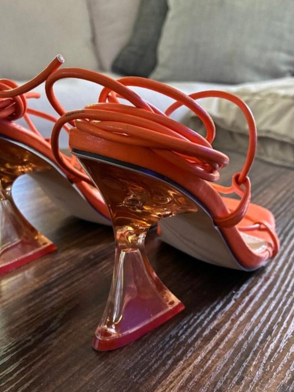 RETRO Orange Strappy Gladiator Ankle Wrap Sandals 4" Acrylic Heels EU 38 US 7.5